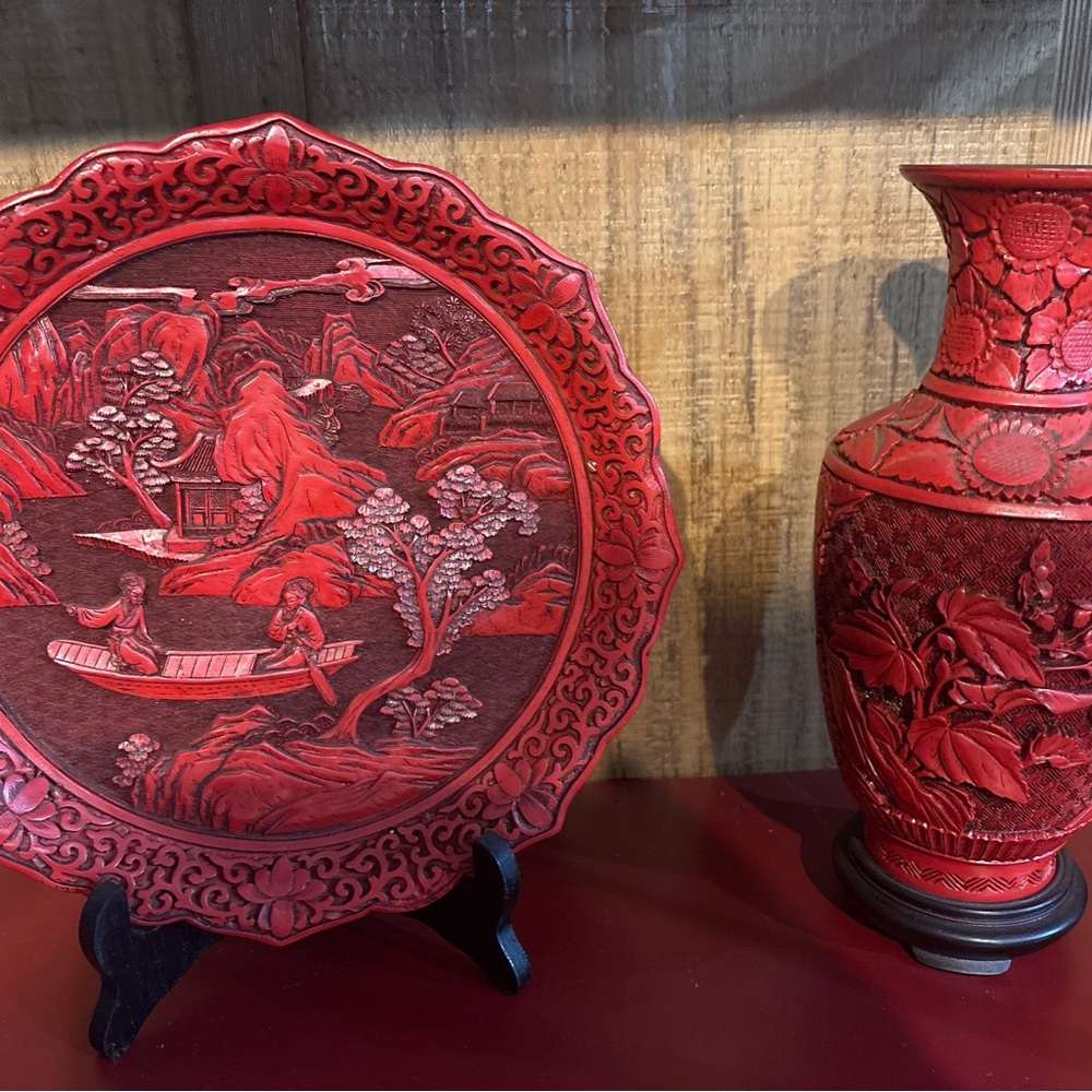 Red Decorative Plate and Vase Set